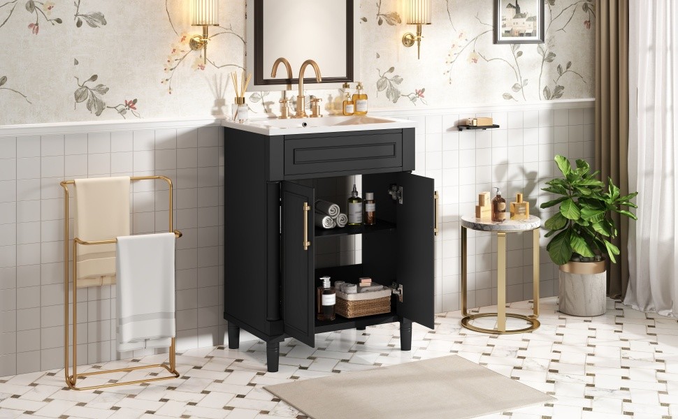 24″ Bathroom Vanity w/ Sink & 2 Doors, Black, 34.95″ H Solid Wood+MDF