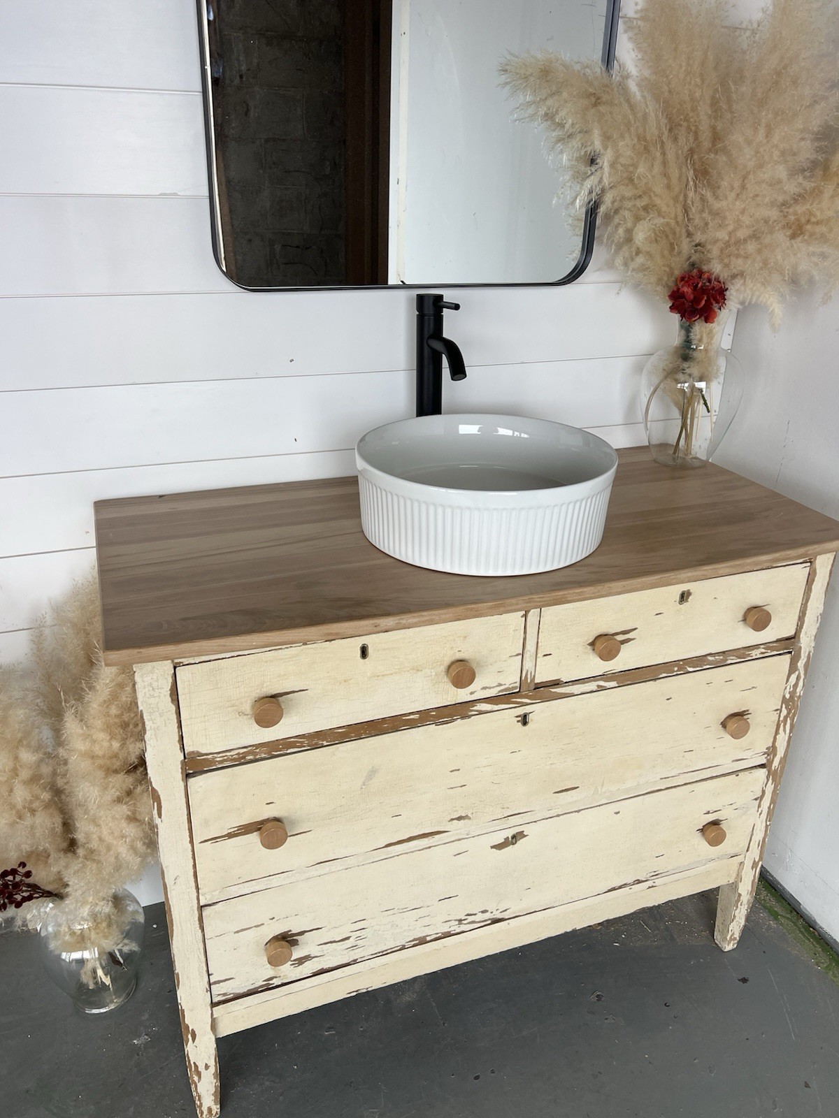 Distressed Wood Bathroom Vanity with Vessel Sink, 2 Drawers, Traditional