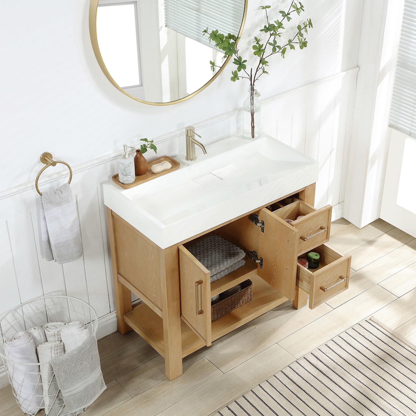 Vera 36″ Single Bath Vanity in Washed Ash Grey with White Integrated Stone Sink