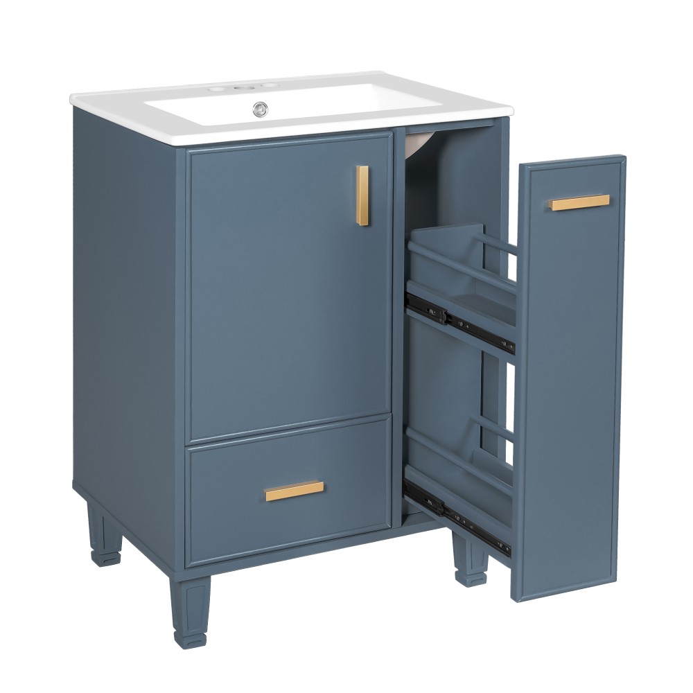 24″ Grey Blue Bathroom Vanity with Ceramic Sink Solid Wood Frame MDF Board