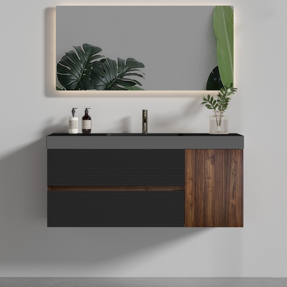 48″ Walnut Bathroom Vanity with Matt Black Engineered Quartz Sink and Soft Black