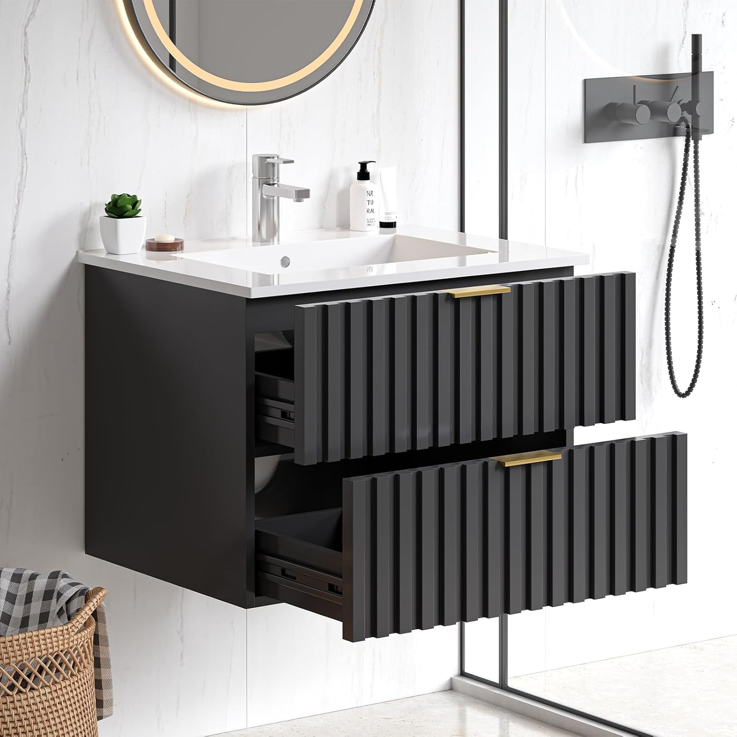 Bathroom Vanity with Sink, Wall Mounted Fluted Cabinet with 2 Golden Metal Handl