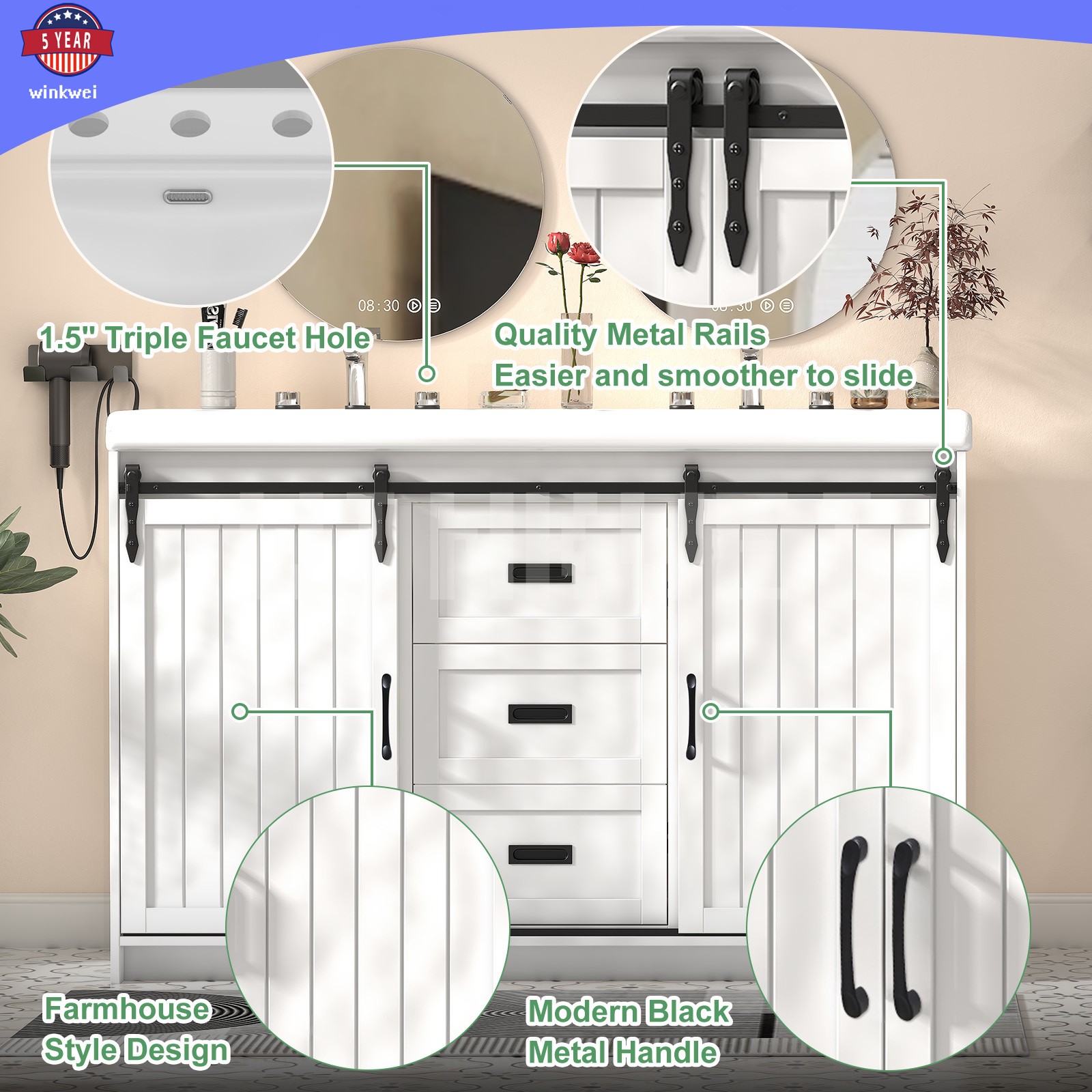 Bathroom Vanity Cabinet w/47.3″ Bathroom Sink ,2 Sliding Doors , 2 Drawers NEW