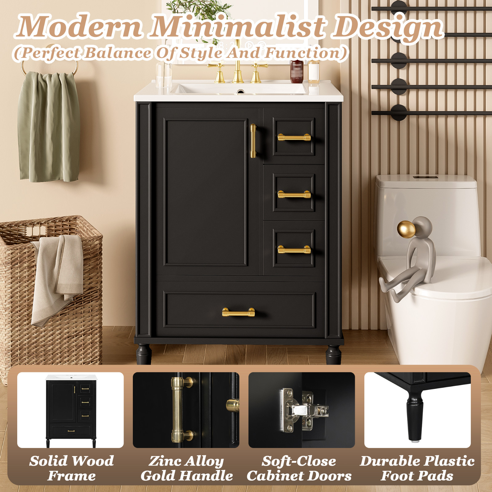 Black vanity cabinet with Sink 24 Inch Floor Standing vanity for bathroom Unit