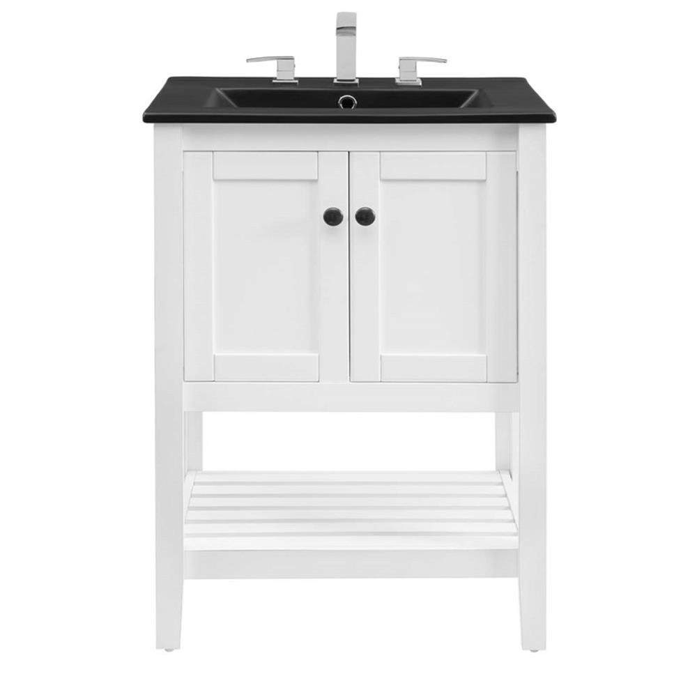 Pemberly Row 24″ Modern Wood/Ceramic Bathroom Vanity in White/Black