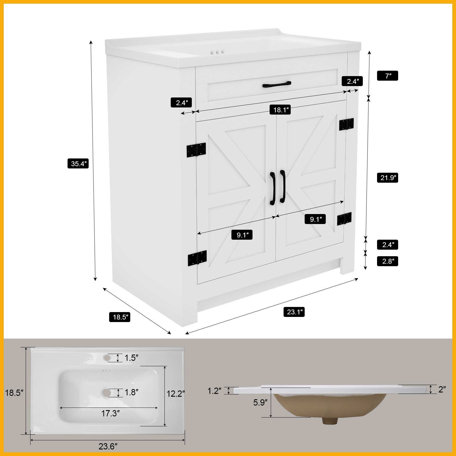 23” Bathroom Vanity with 2 Doors Bathroom Cabinet Vessel Sink Faucet Drain Set