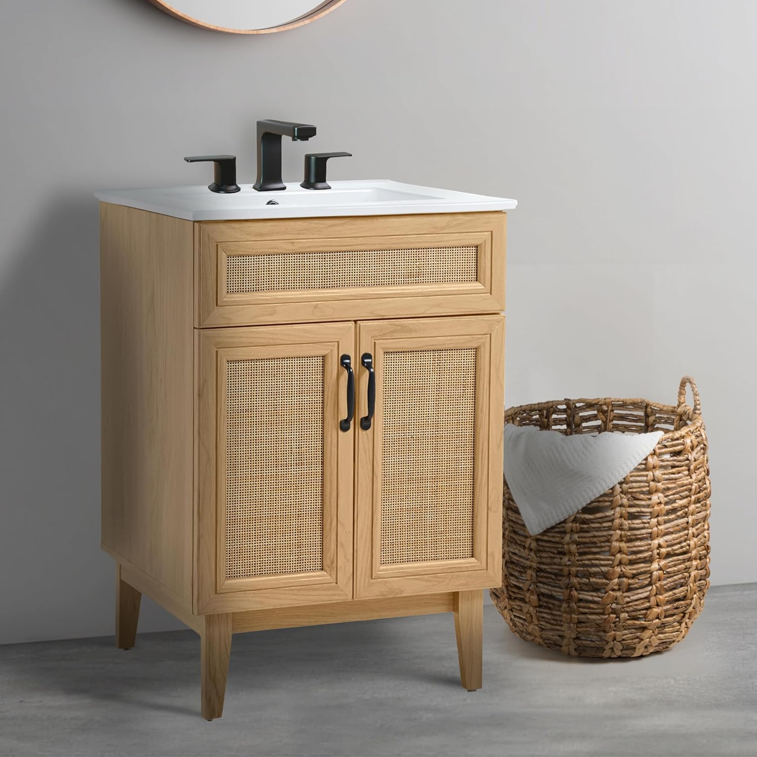 Modern Farmhouse Rattan Bath Vanity Cabinet, 24″ W, Oak, 2 Shelves