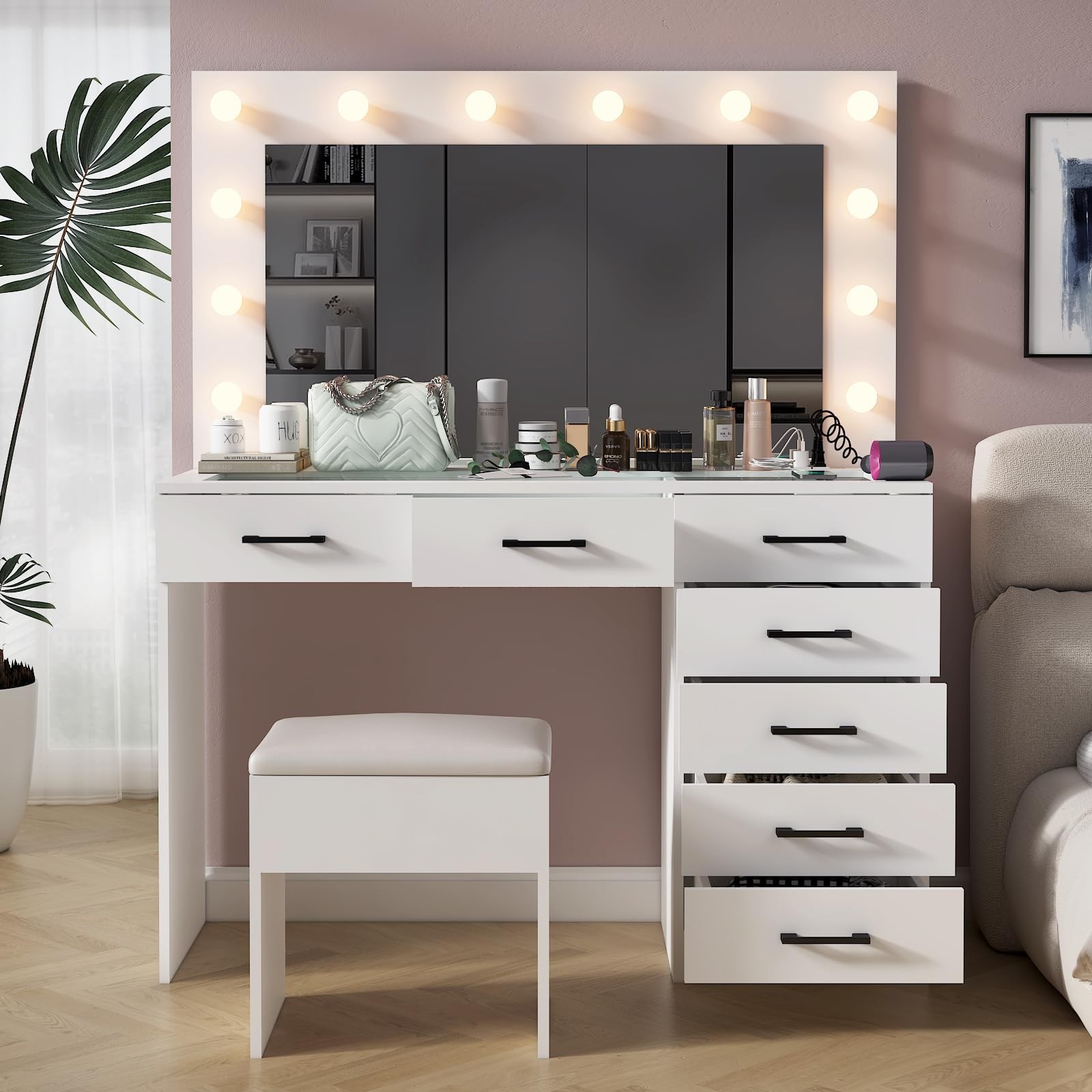 Makeup Vanity Desk Mirror Lighted Charging 7 Drawers Stool 3 Colors