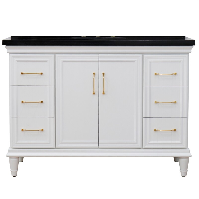49 in. Single Wooden Vanity White with Black Galaxy Granite Oval Sink
