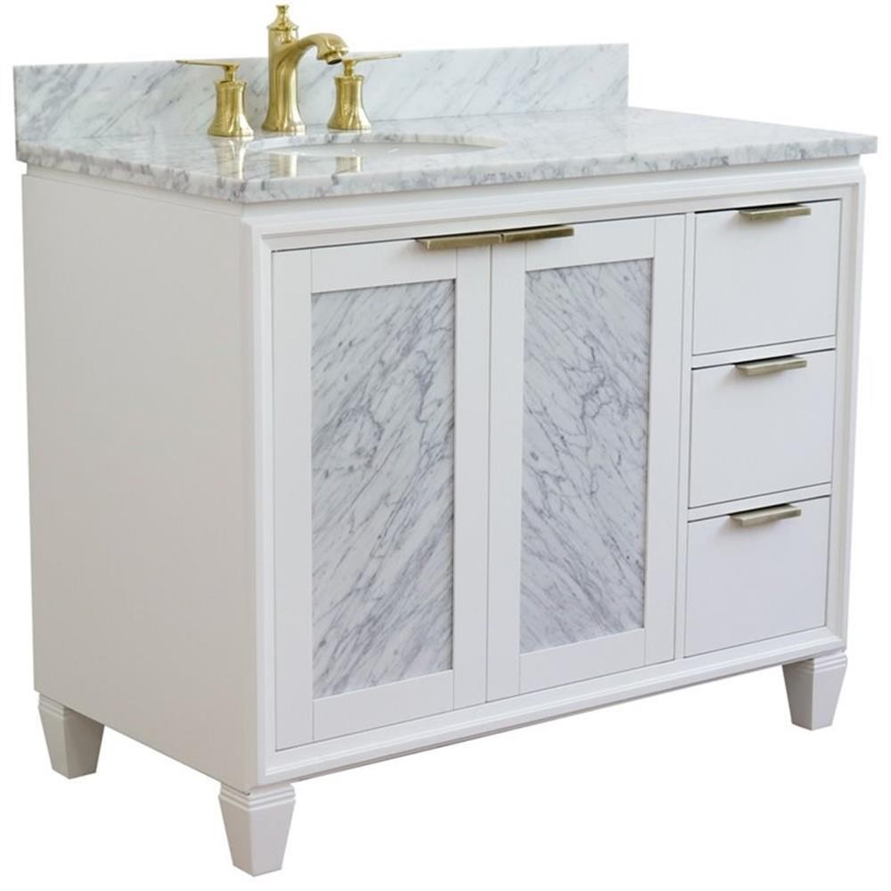 Pemberly Row Solid Wood Vanity with Left Oval Sink in White/White Carrara