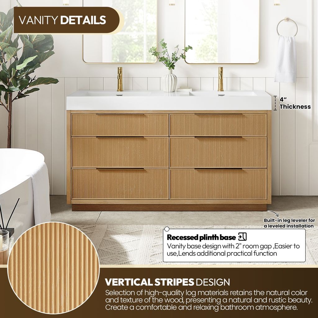 Hohhot 60″ Double Bath Vanity in Washed Ash Grey with White Stone Top