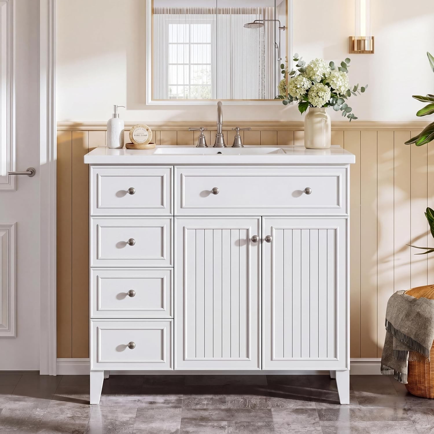 36″ Bathroom Vanity with Sink, Bathroom Sink Cabinet with 5 Drawers & 2 Doors