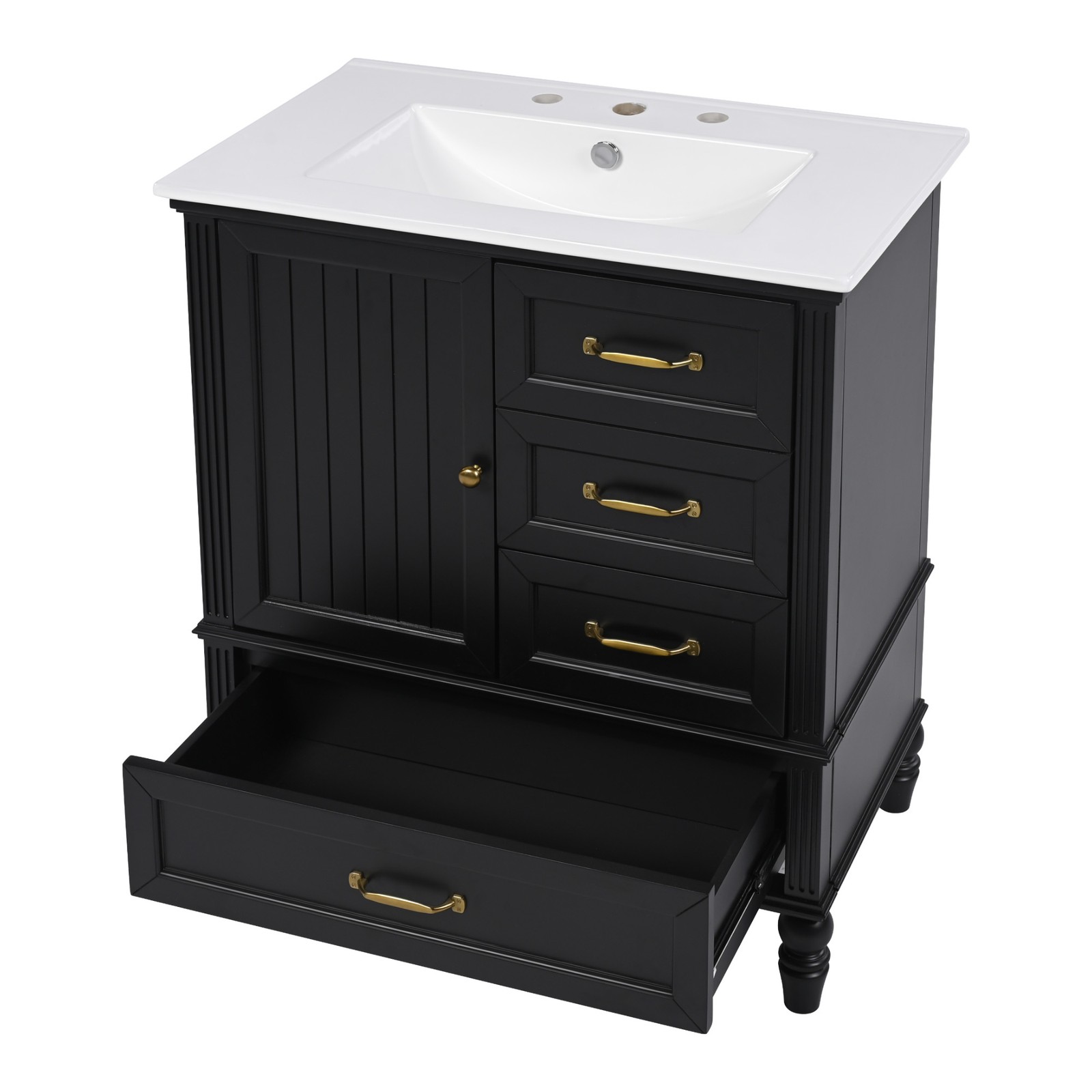 30″ Bathroom Vanity with Sink & Cabinet, Black, Solid Wood & MDF