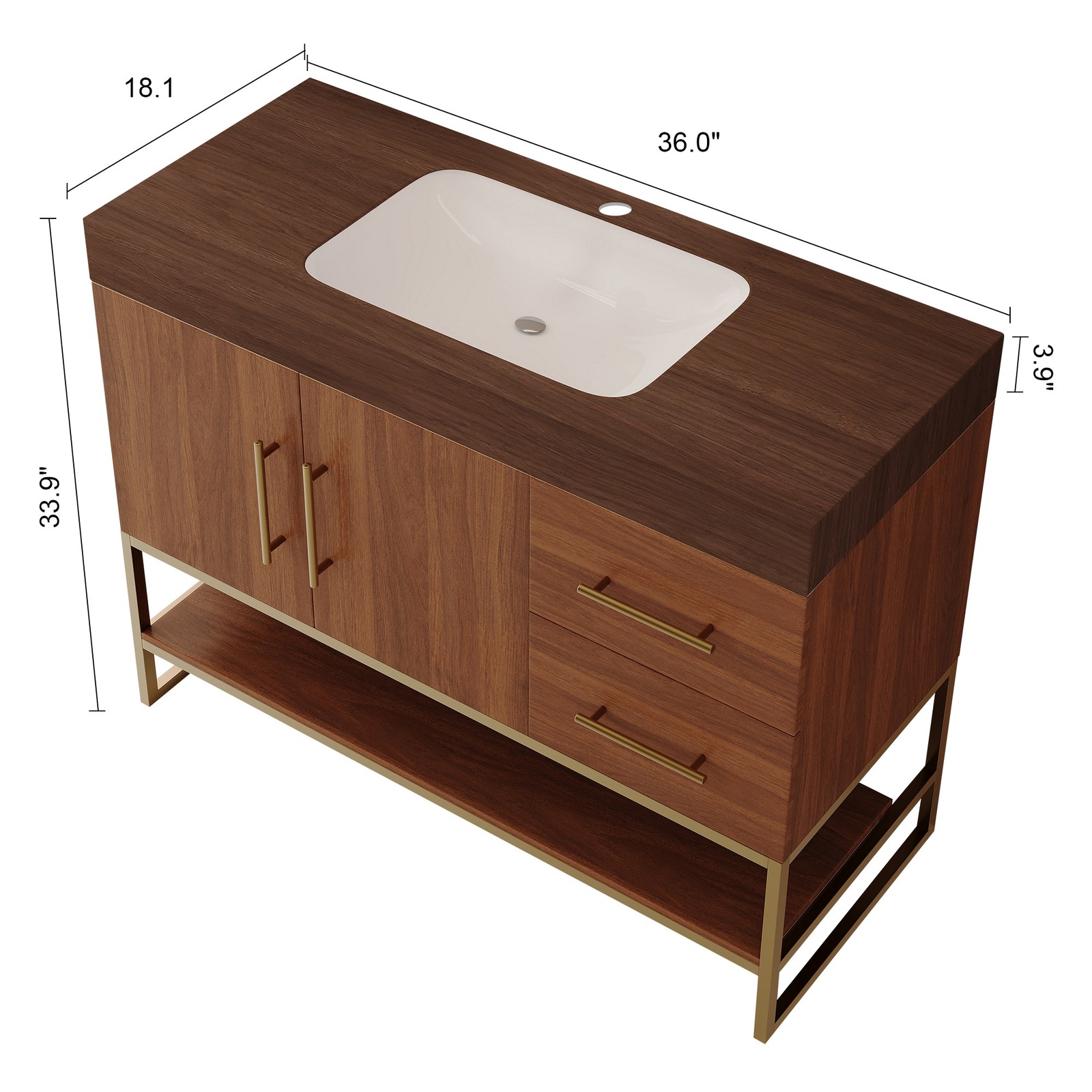 36″ Modern Bathroom Vanity w/Seamless Ceramic Sink & Sintered Stone Top Walnut