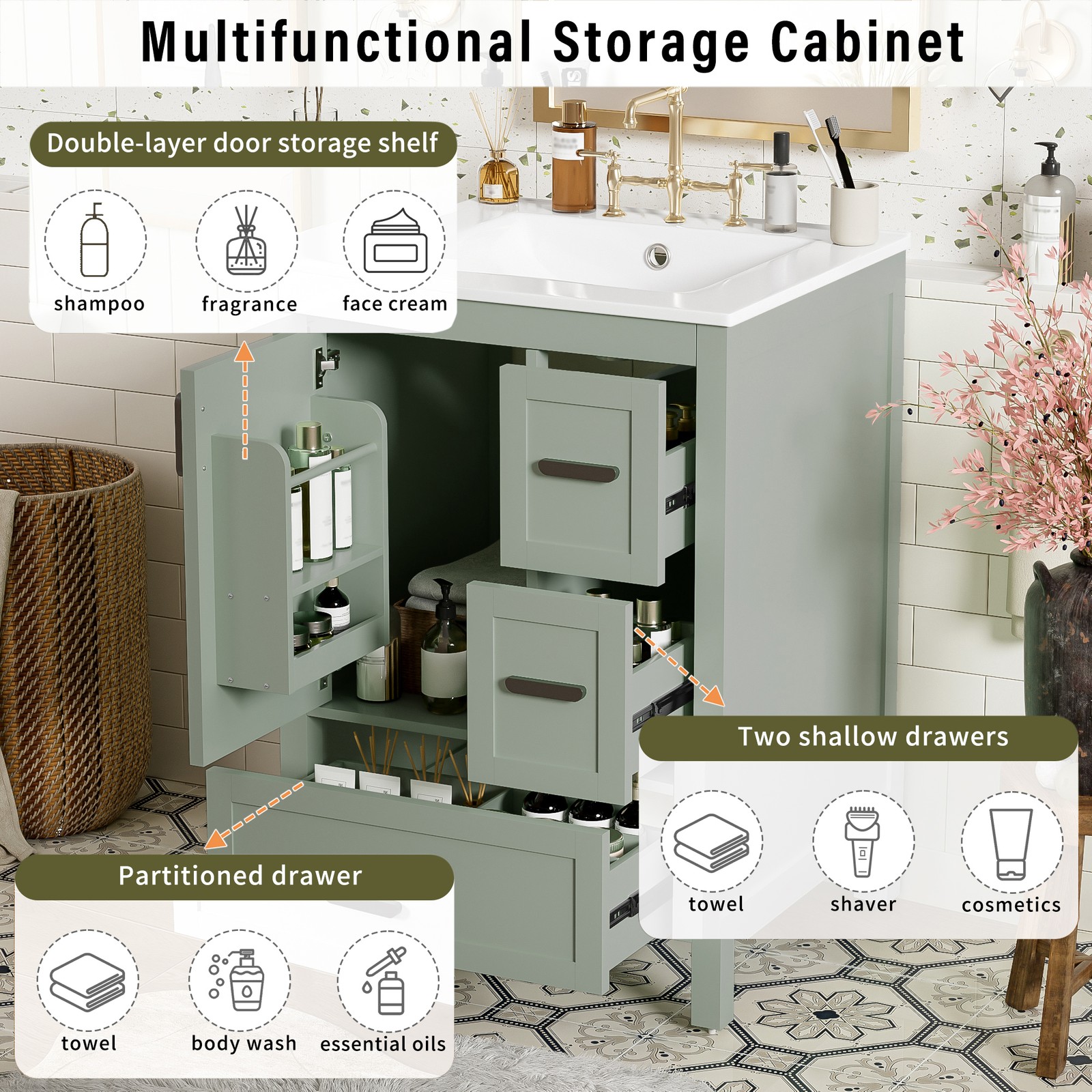 24″ Bathroom Vanity w/Ceramic Sink Modern Freestanding Vanity Cabinet w/3 Doors
