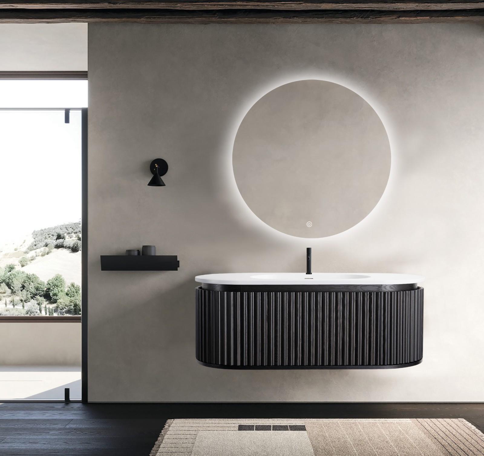 Elegant Modern Floating Vanity & LED Mirror Set – Matte Black Oak Finish – 55.1″