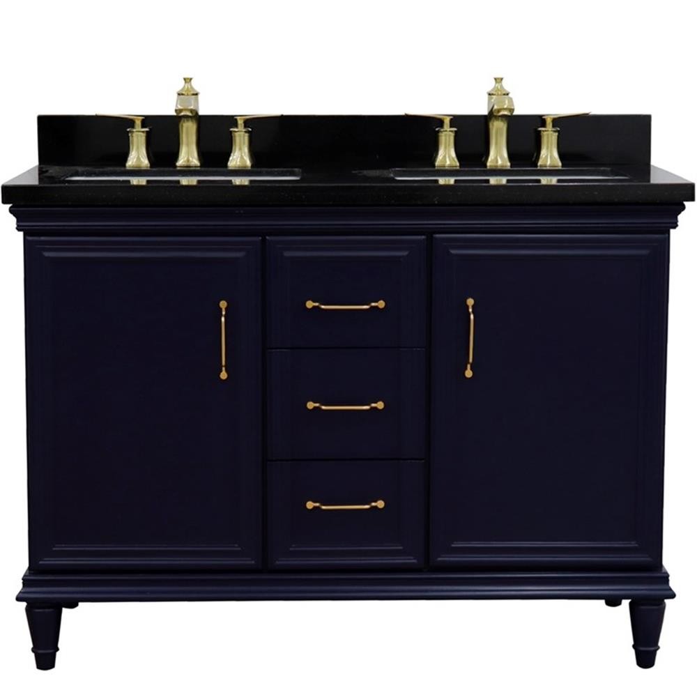 49 in. Double Wooden Vanity Blue with Black Galaxy Rectangle Sink