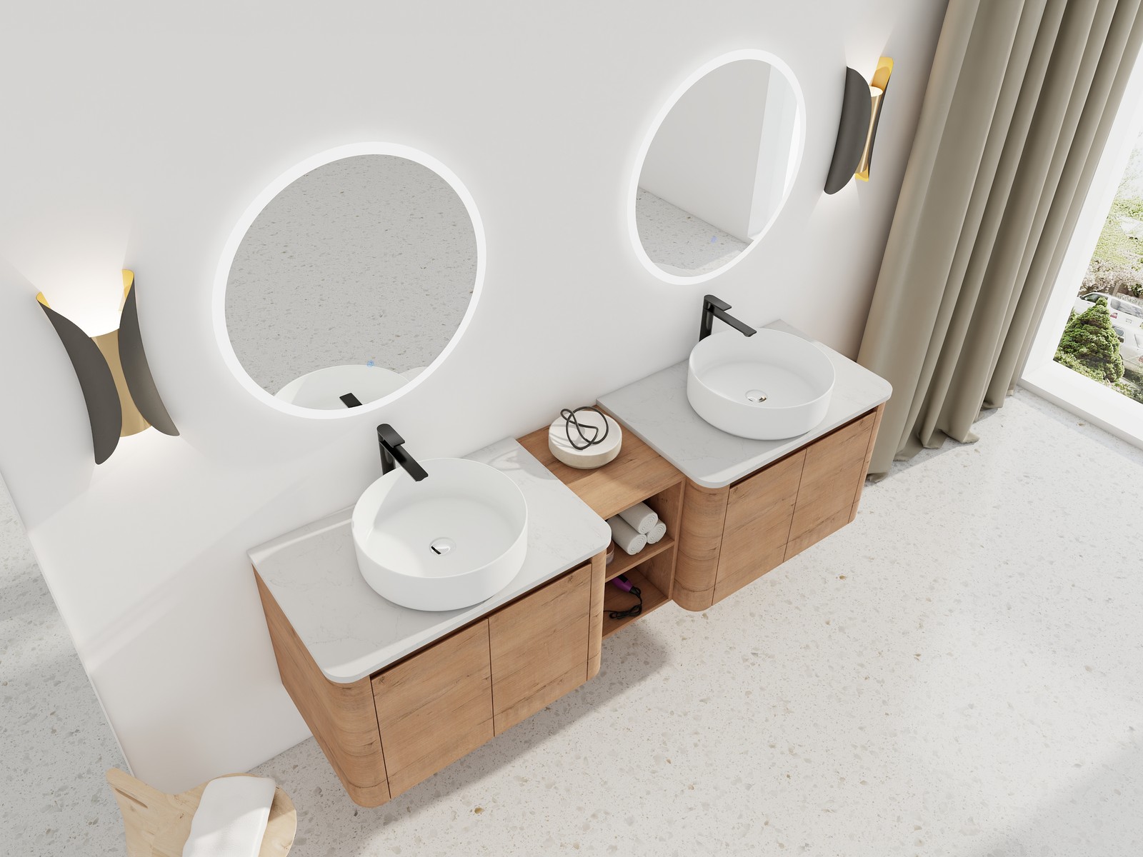 72in Wall-Mounted Bathroom Vanity W/ Double White Ceramic Basin Shelves Plywood