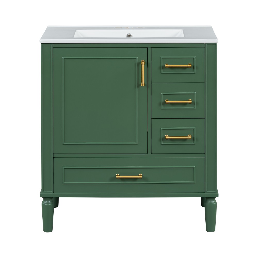 30″ Green Bathroom Vanity Ceramic Sink Soft Close Door 3 Drawers Storage Cabinet