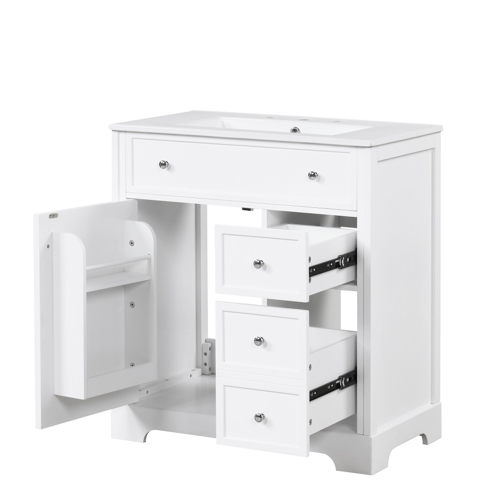 30 Inch White Bathroom Vanity with Ceramic Sink Top Solid Wood MDF Cabinet