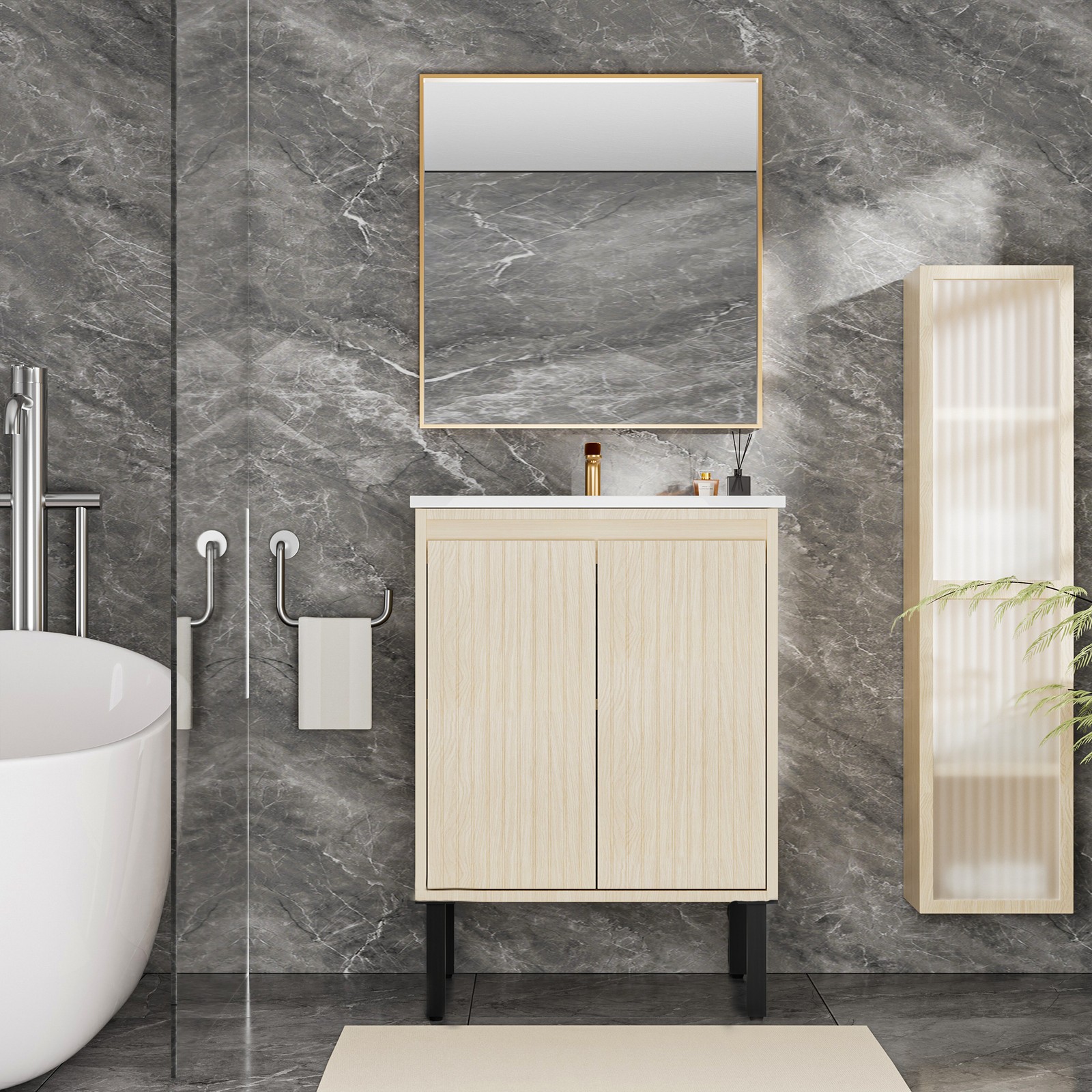 24 Inch Bathroom Vanity with Sink, Oak Finish, White Ceramic