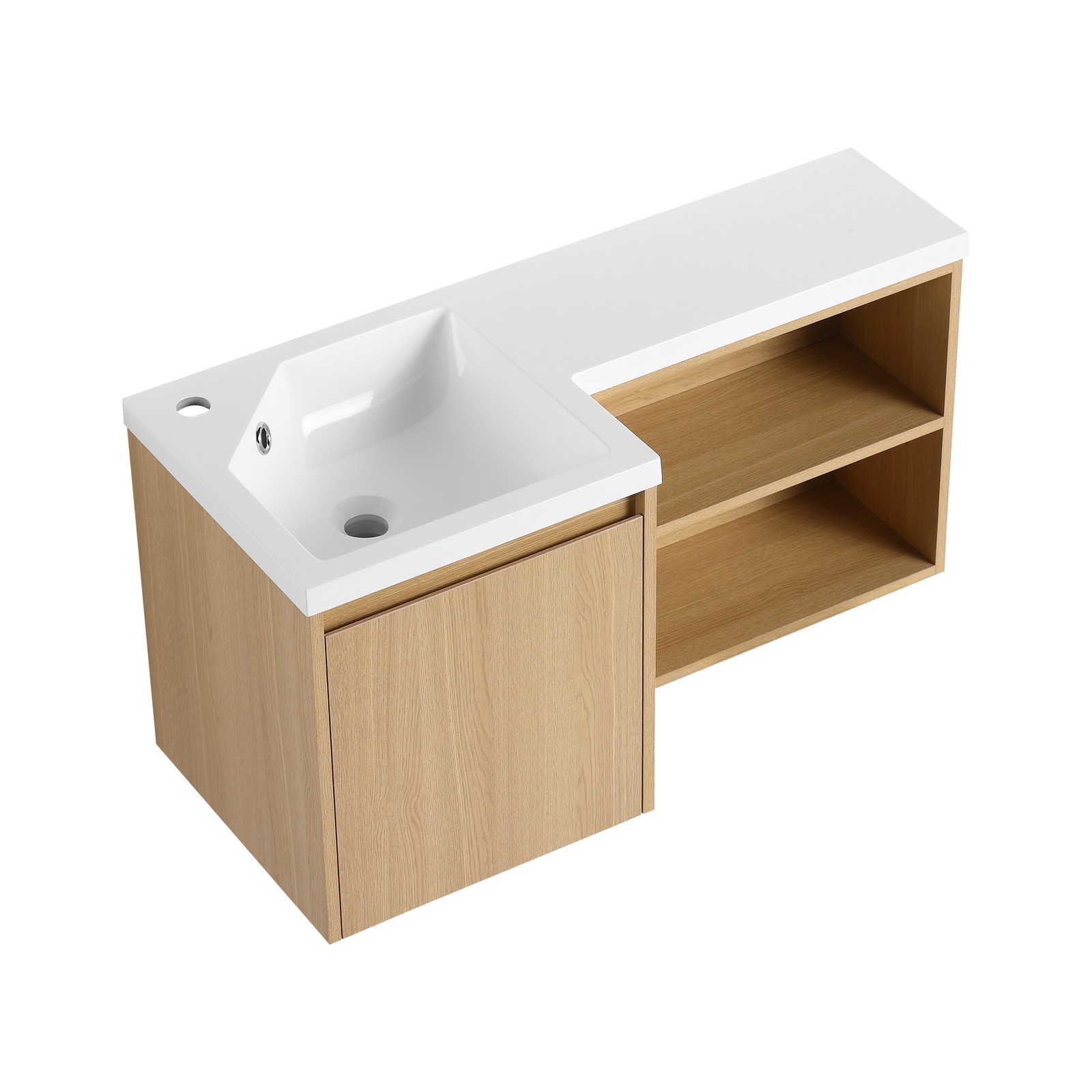 36″ Corner Floating Bathroom Vanity with Integrated Sink, Light Oak