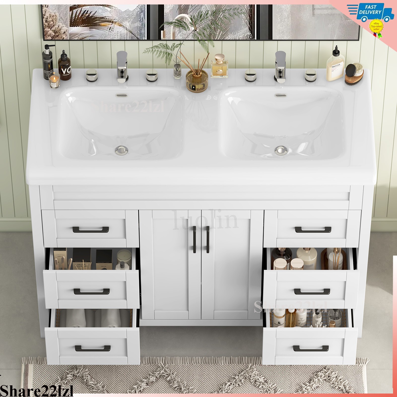 47″ Bathroom Vanity w/Double Ceramic Sink, Freestanding Vanity Cabinet Storage