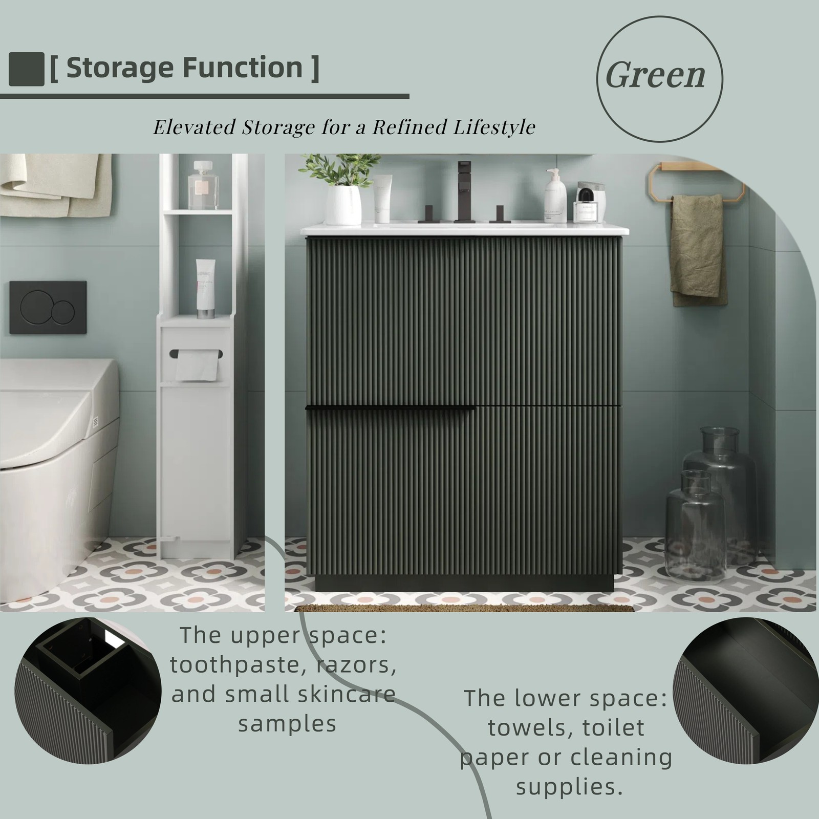 30″ Green Fluted Bathroom Vanity with Ceramic Sink & Soft Close