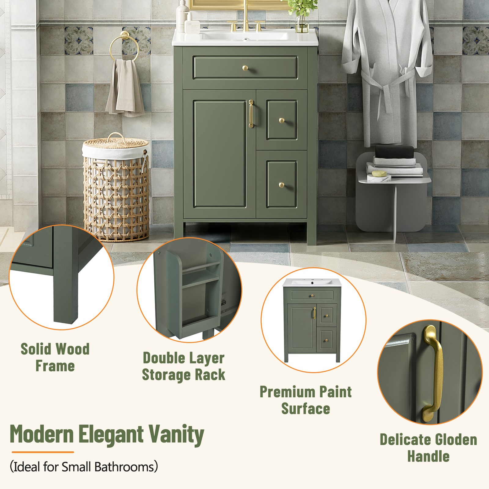 24″ Bathroom Vanity with Ceramic Sink Modern Bathroom Storage Cabinet Soft Close