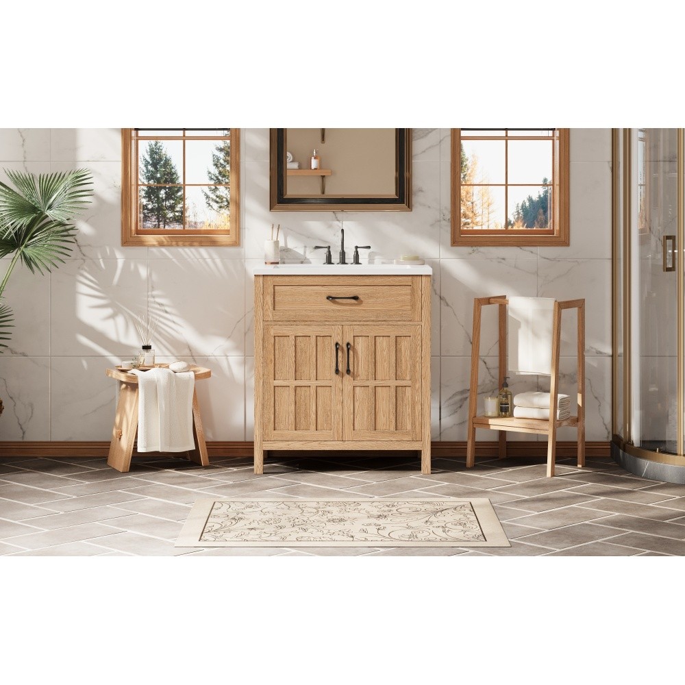 30″ Bathroom Vanity Resin Sink, Solid Wood, Adjustable Shelf & Door Organizers