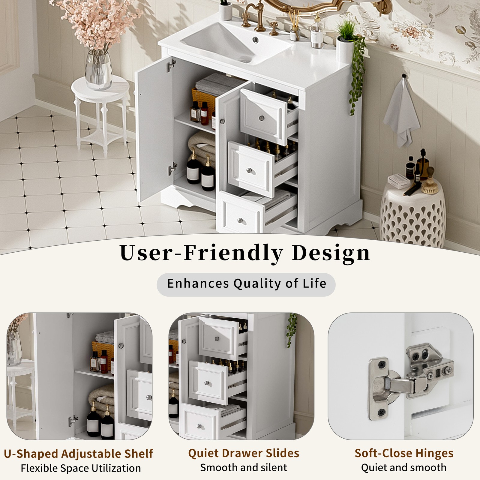 36″ White Transitional Bathroom Vanity with Ceramic Sink