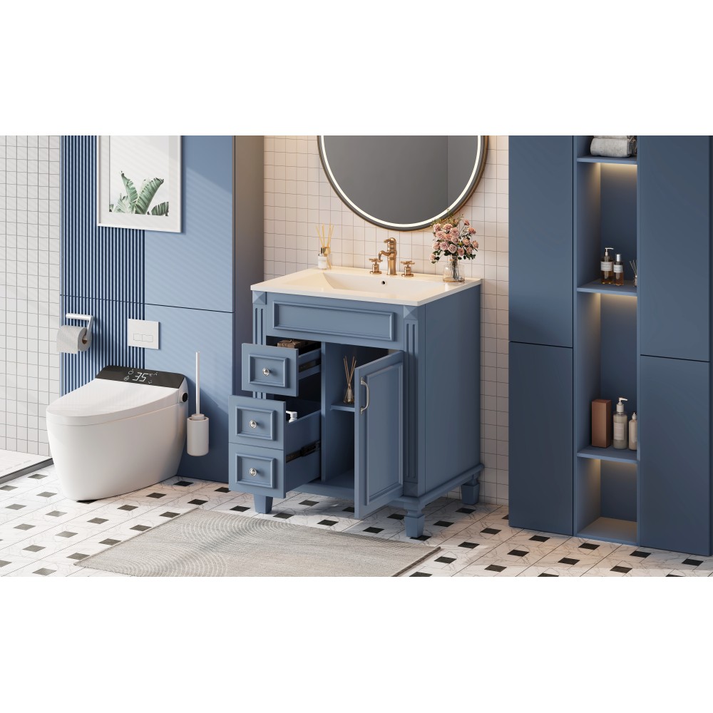 24 Inch Modern Blue Bathroom Vanity with Ceramic Sink Solid Wood MDF Cabinet