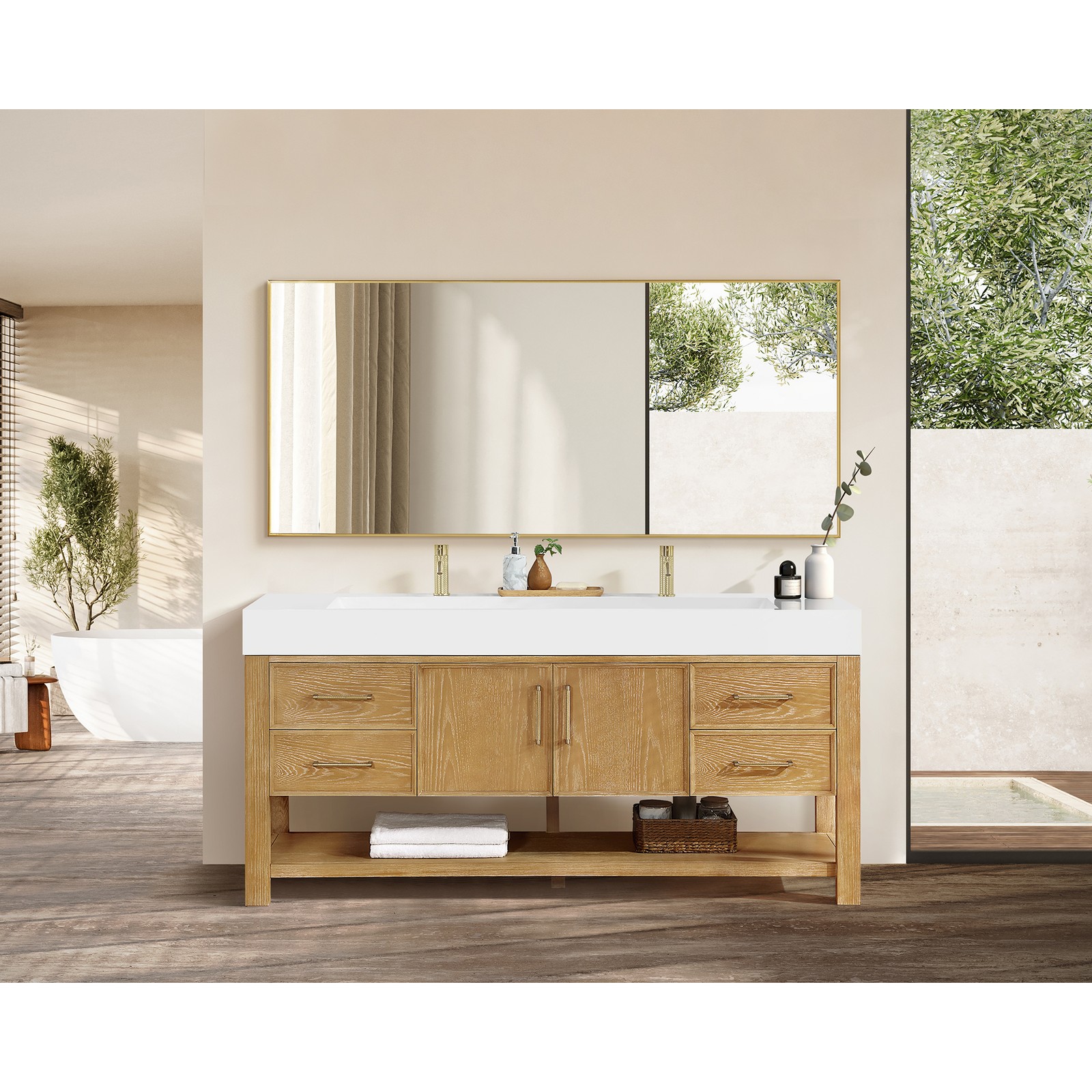 Vera 72″ Single Bath Vanity in Washed Ash Grey with White Integrated Stone Sink