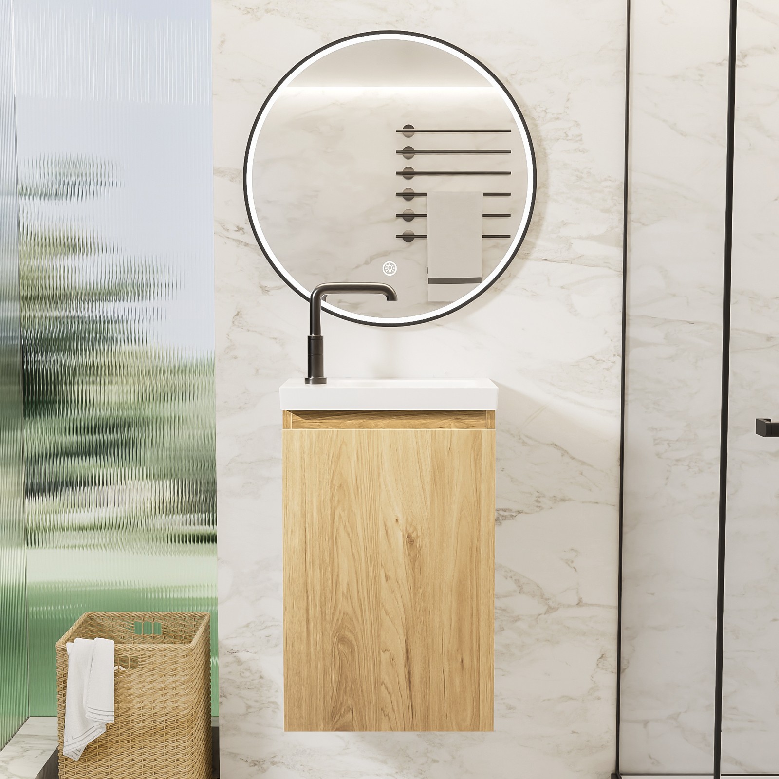 16″ Floating Bathroom Vanity with Sink, Natural Oak, White Stone Top