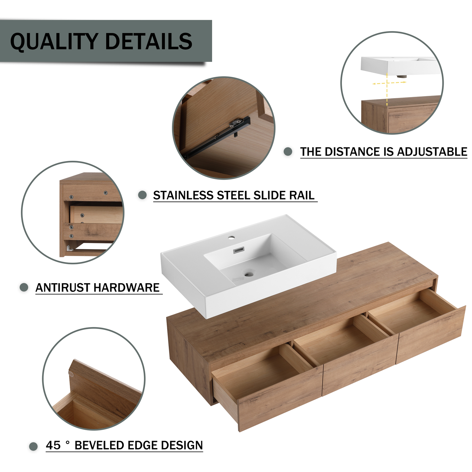 60″ Wood Wall Mount Bathroom Vanity Resin Sink Floating Vanity Sink Vessel Sink