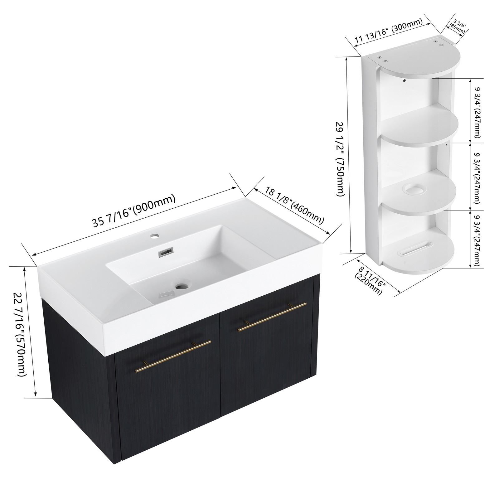 36 Inch Plywood Wall-Mounted Bathroom Vanity with Resin Sink + Side Storage Rack