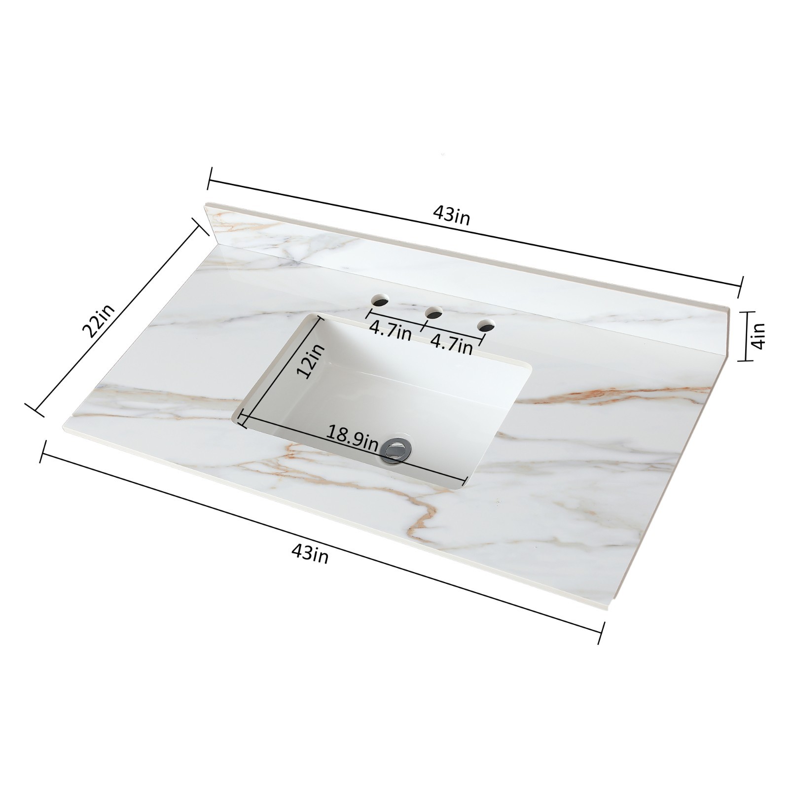 43In Marble Vanity Top with Undermount Sink & Backsplash Carrara White
