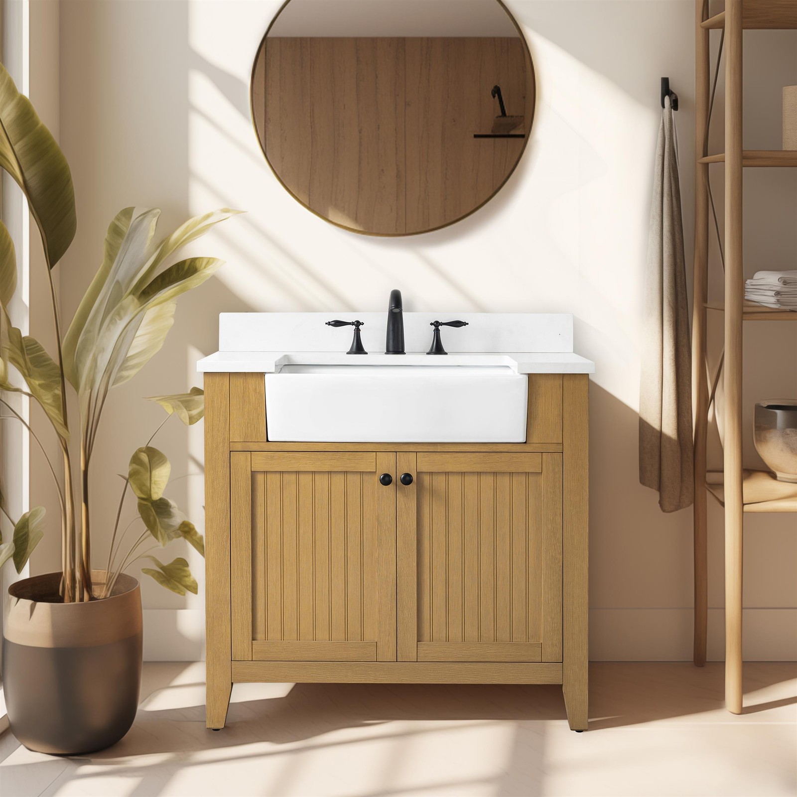 Design Element Burbank 36″ Single Sink Oak Bath Vanity with White Quartz Top