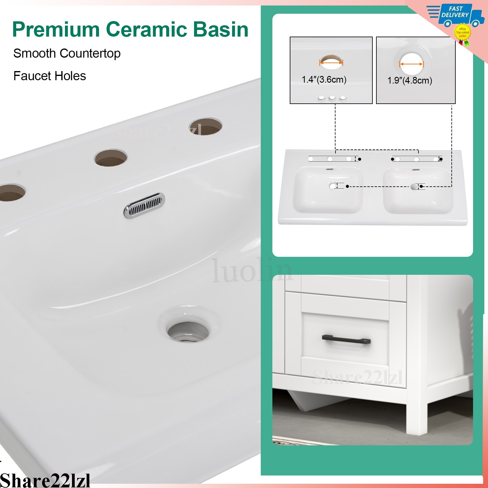 47″ Bathroom Vanity Set with Double Ceramic Sinks Artificial Marble Countertop