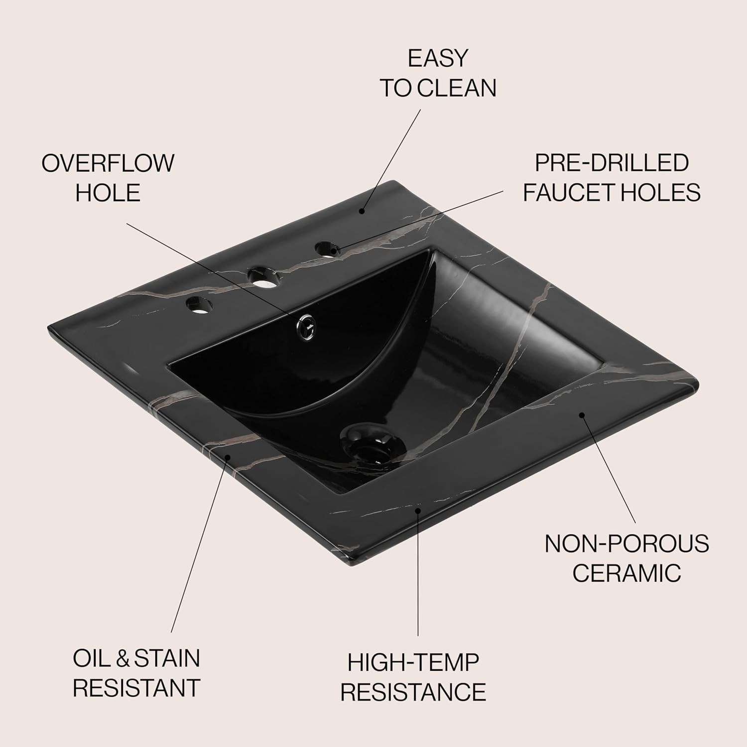Elegant 20″ Rectangular Black Marble Ceramic Vanity Sink Top – Timeless Design
