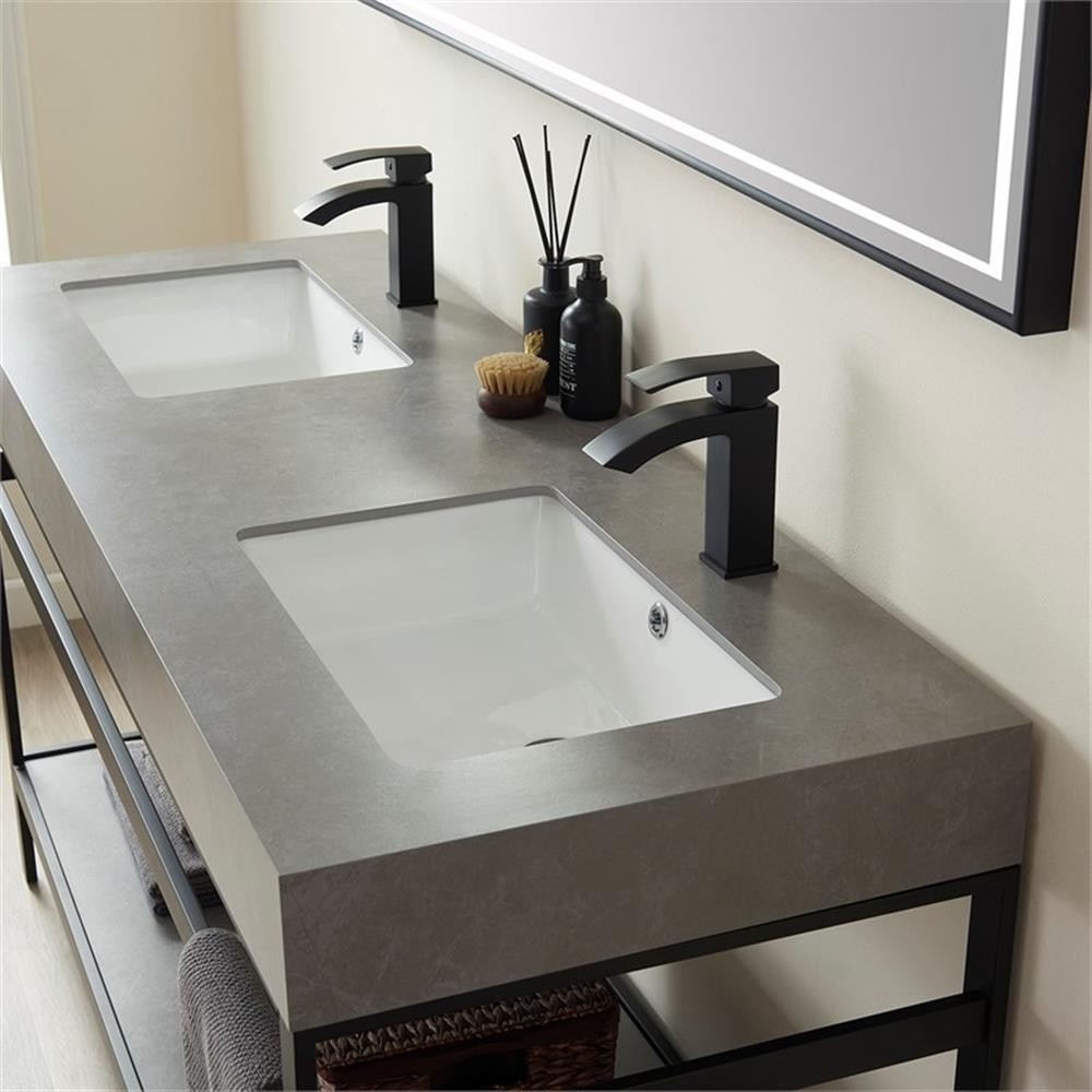 Funes 60″ Double Sink Bathroom Vanity in Matte Black Frame Gray Top w/ Mirror