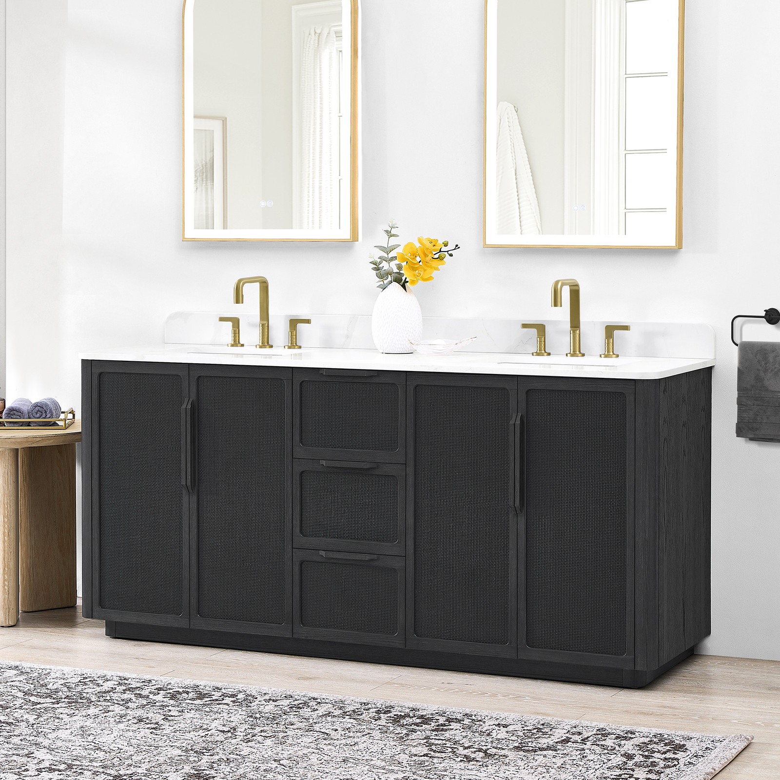 Busan 72″ Double Bath Vanity in Oak Classic Black with White Quartz Stone Top