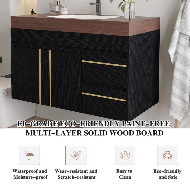 36″ Modern Floating Bathroom Vanity w/Integrated Ceramic Sink & Faux Marble Top