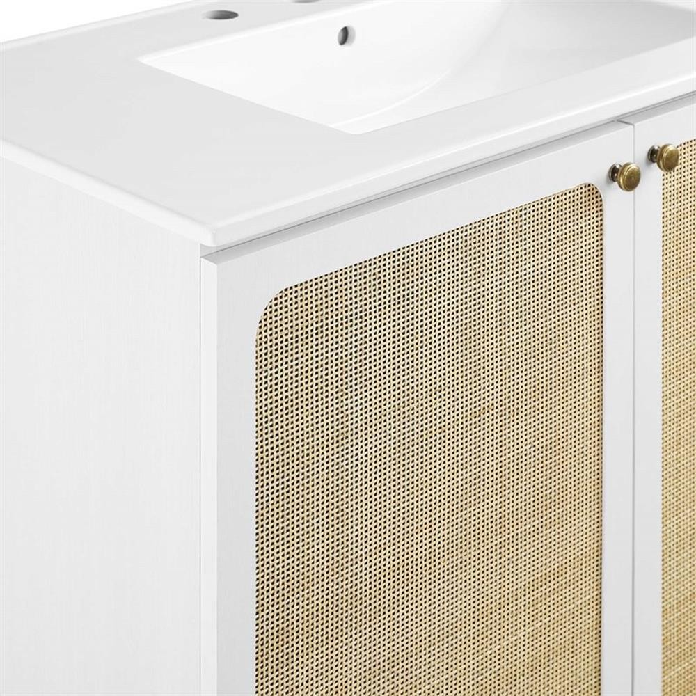 Pemberly Row 36″ Wood & Rattan Bathroom Vanity with Adjustable Shelf in White