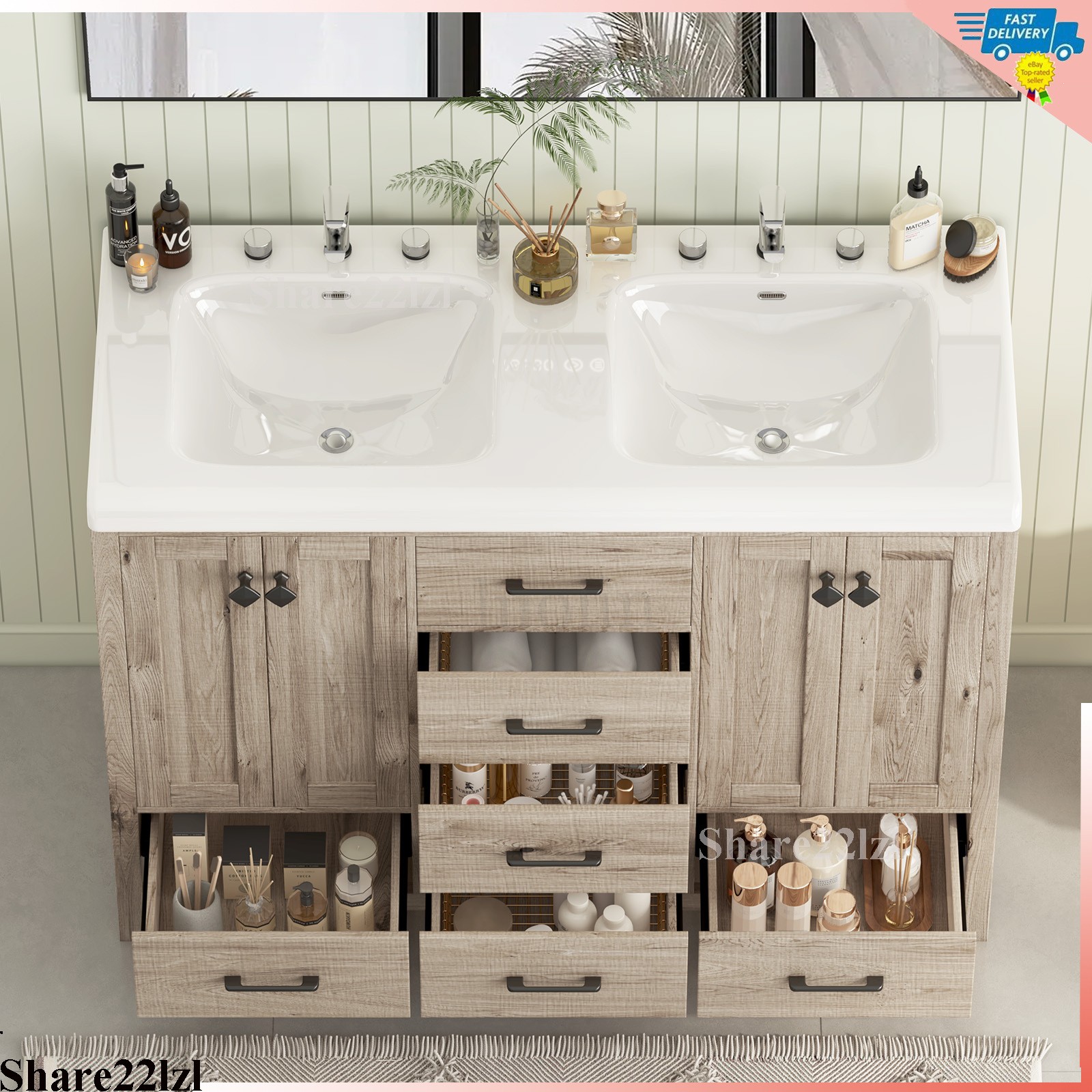Wooden Bathroom Vanity with Sink Modern Storage Cabinet with Ceramic Countertop