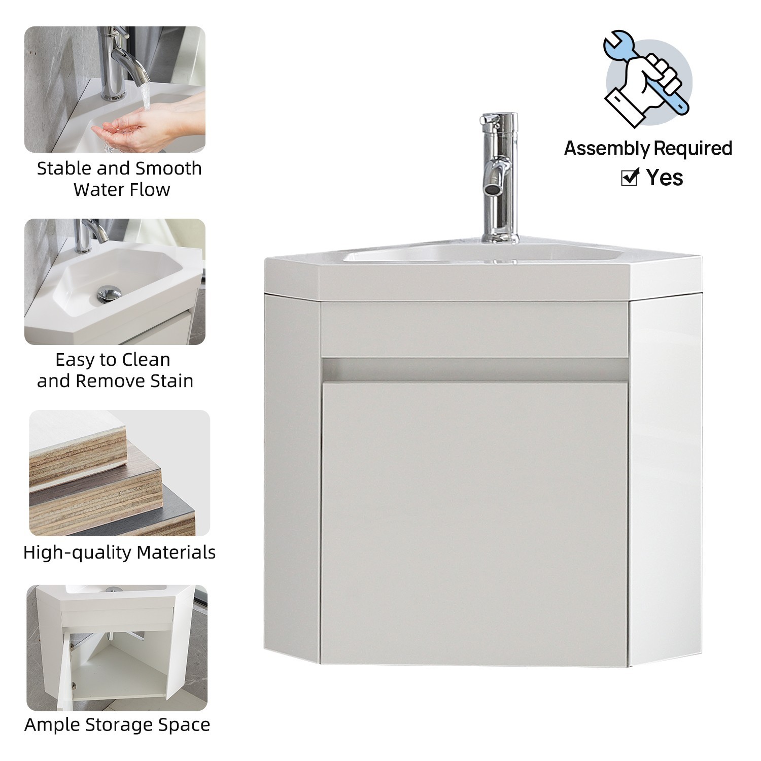 22″ Corner Wall Mounted Bathroom Vanity Floating Cabinet w/Sink for Small Space