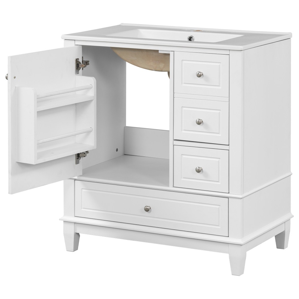 30″ Bathroom Vanity with Sink, One Door with Shelf and Three Drawers