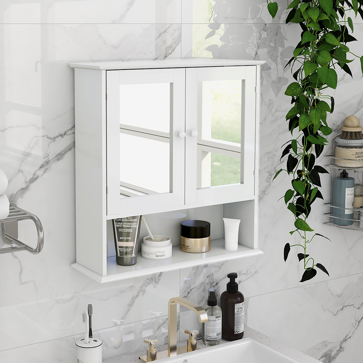 Bathroom Wall Vanity Cabinet with Doule Mirror Doors Shelvs Storage Organizer