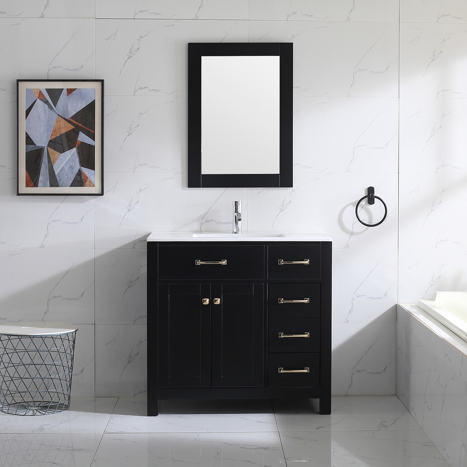 Undermount Ceramic Shaker 36″ Single Bathroom Vanity Set & Mirror Free Standing
