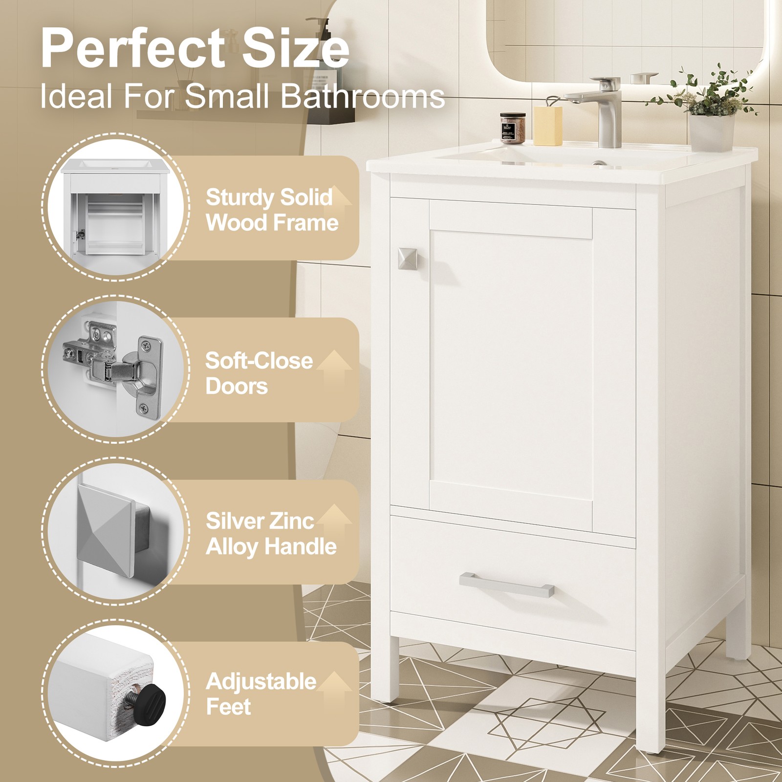 20-Inch Modern Bathroom Vanity with Ceramic Sink & Soft-Close Drawer